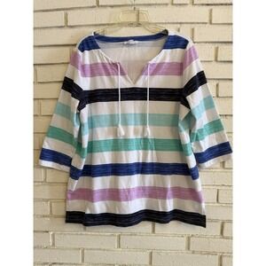 T by Talbots Sz 1X Women's Striped  Pullover Top Multicolor Nautical V-neck